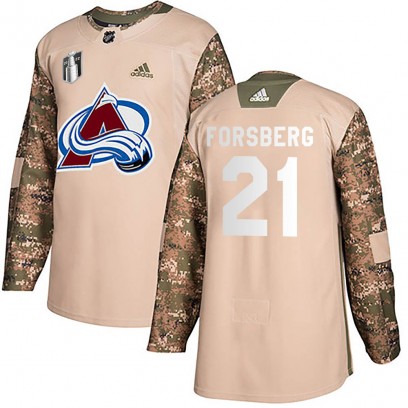 Men's Authentic Colorado Avalanche Peter Forsberg Adidas Veterans Day Practice 2022 Stanley Cup Final Patch Jersey - Camo