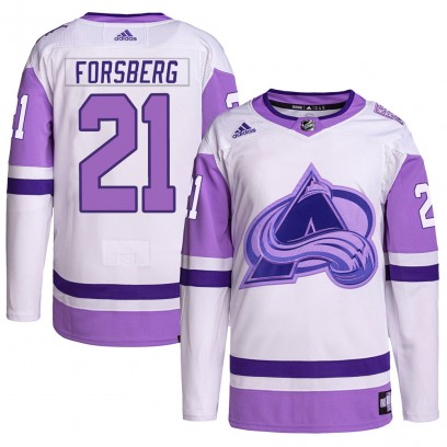 Men's Authentic Colorado Avalanche Peter Forsberg Adidas Hockey Fights Cancer Primegreen Jersey - White/Purple